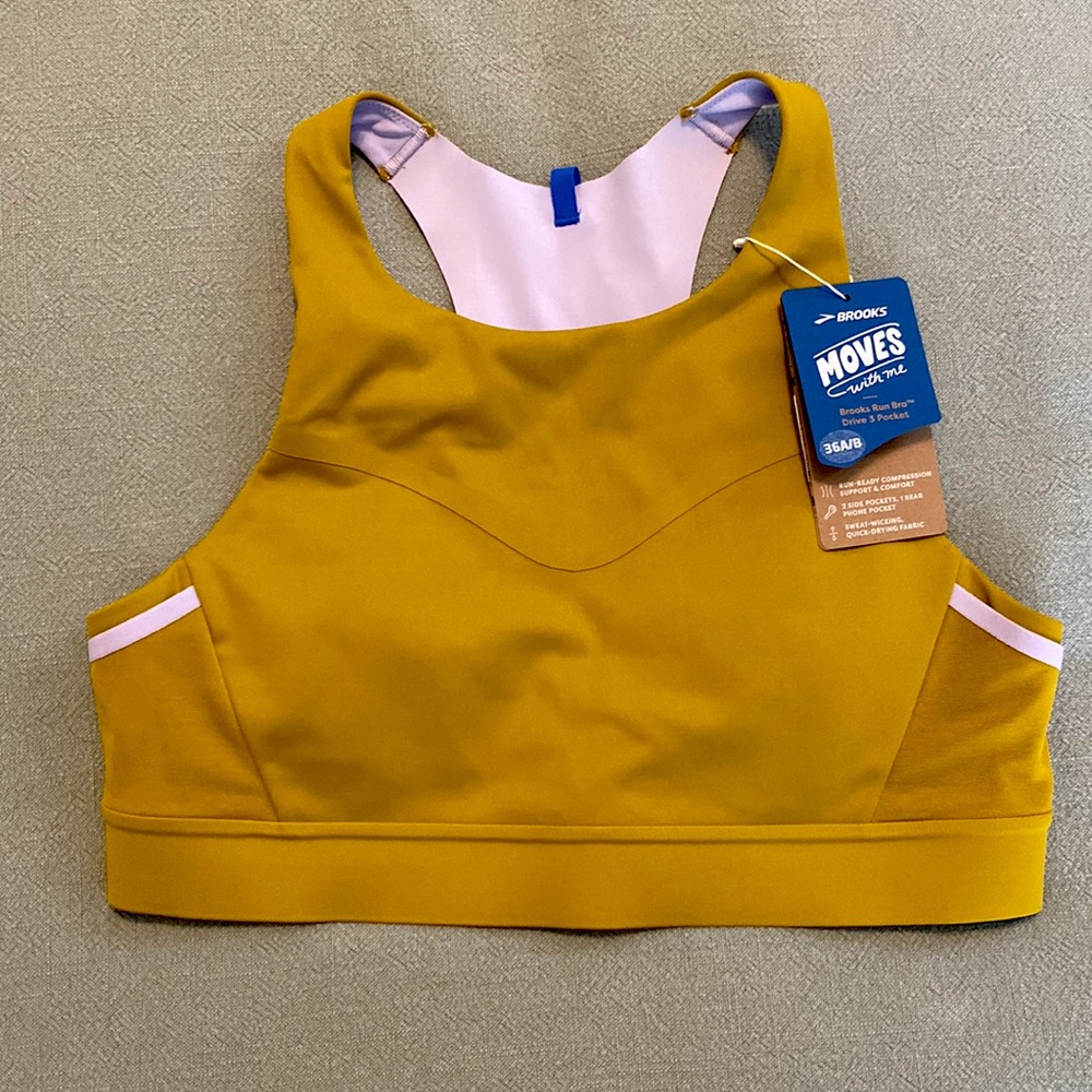 Brooks Golden/Lavender Drive 3 Pocket Sports Bra 36A/B with tags